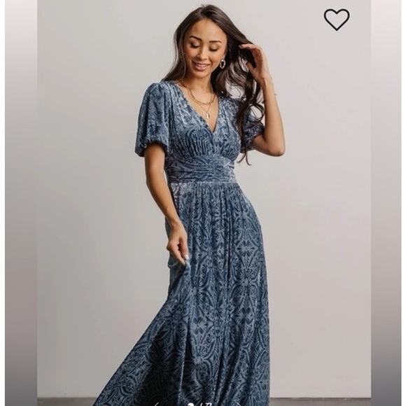 NWT Baltic Born Leslie Blue Velvet Maxi Dress 2XL Puff Sleeves Boho Formal - Picture 3 of 12
